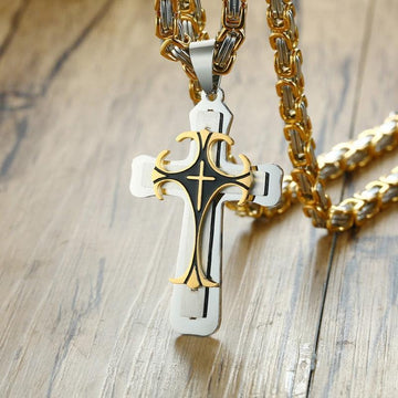 Amazing Cross Necklace For Men - Byzantine Gold Colour Stainless Steel Chain Catholic Crucifix Pendant - The Jewellery Supermarket